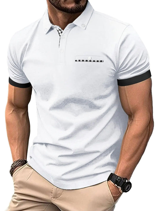 Mens Casual Short Sleeve Summer Polos Plaid Splice Cutton T-Shirt Golf Tennis Tops