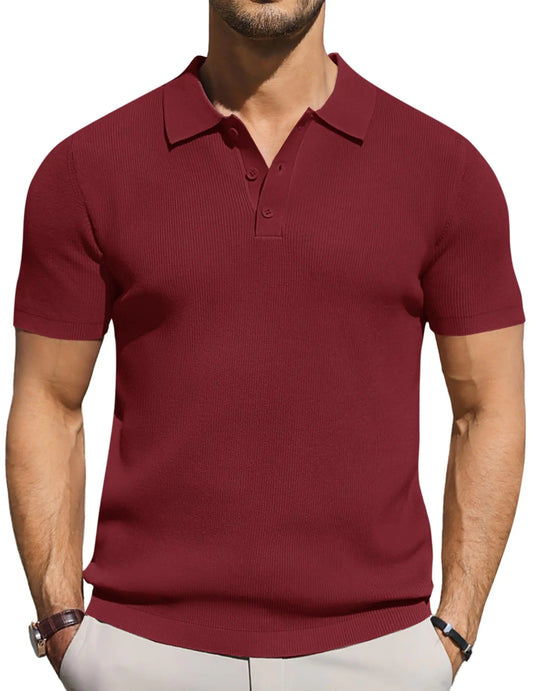COOFANDY Mens Polo Sweaters Short Sleeve Knit Pullover Solid Polos Waffle Casual Polo Sweaters Slim Fit Sweaters Dark Red